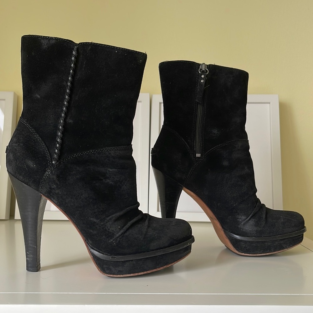 UGG platform booties in black waterproof suede & Sherpa interior.